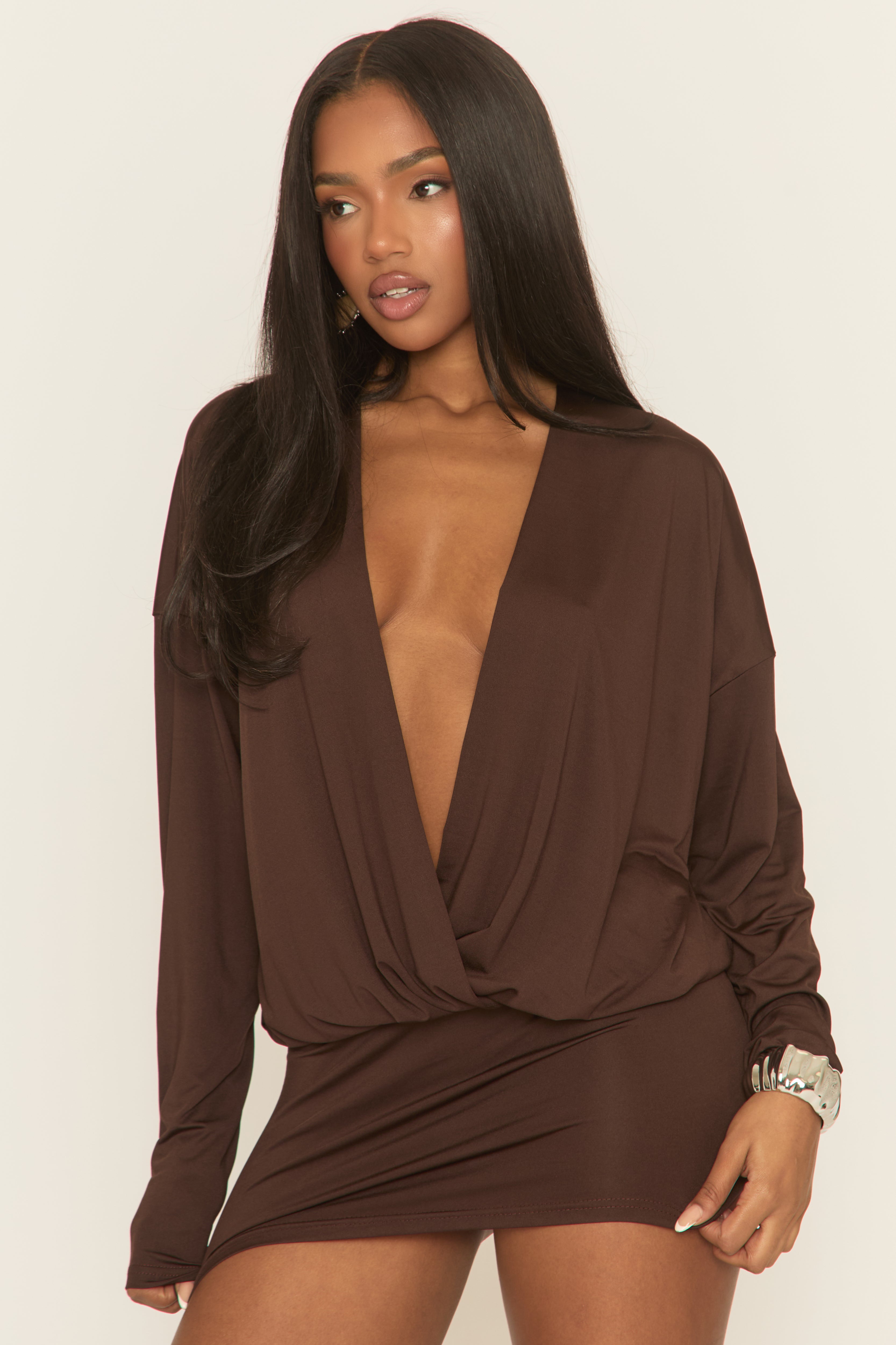 Chocolate Extreme Plunge Wrap Long Sleeve Mini Dress | Dresses | Rebellious Fashion Chocolate Extreme Plunge Wrap Long Sleeve Mini Dress | Dresses | Rebellious Fashion