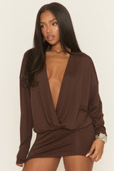 Chocolate Extreme Plunge Wrap Long Sleeve Mini Dress - Azmina