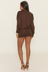 Chocolate Extreme Plunge Wrap Long Sleeve Mini Dress - Azmina