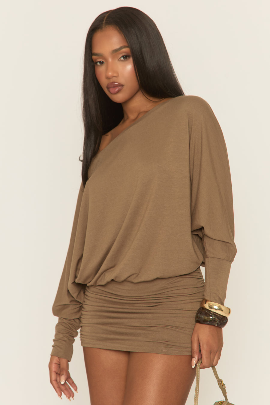 Chocolate Batwing Bardot Mini Dress - Clarice