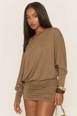 Chocolate Batwing Bardot Mini Dress - Clarice