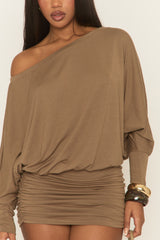 Chocolate Batwing Bardot Mini Dress - Clarice