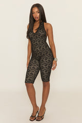 Black Contrast Lace Halterneck Capri Jumpsuit - Elleana