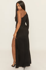Black One Shoulder Trim Detail Maxi Overlay Dress - Seleena