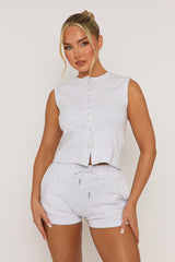Grey Sleeveless Button Front Rib Top and Short Loungewear Co-ord Set - Zita