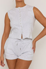 Grey Sleeveless Button Front Rib Top and Short Loungewear Co-ord Set - Zita