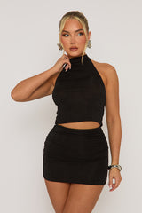 Black Acetate Slinky Halter Top & Mini Skirt Co-ord Set - Taja