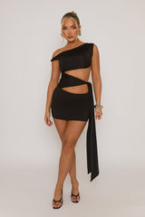 Black Off Shoulder Tie Side Mini Dress - Teresa
