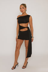 Black Off Shoulder Tie Side Mini Dress - Teresa