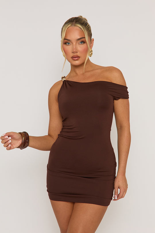 Chocolate Asymmetric Trim Detail Mini Dress - Fabiana