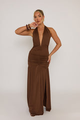 Chocolate Plunge Halterneck Maxi Dress - Fabrizia