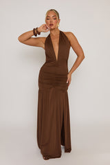 Chocolate Plunge Halterneck Maxi Dress - Fabrizia
