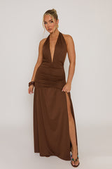 Chocolate Plunge Halterneck Maxi Dress - Fabrizia