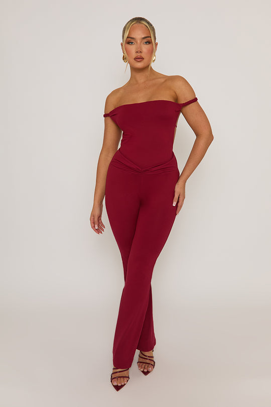 Wine Open Back Bardot Jumpsuit - Alessandra