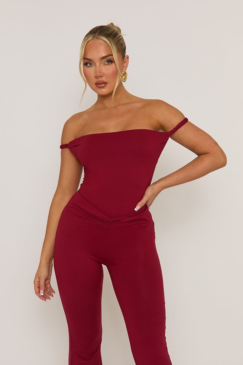 Wine Open Back Bardot Jumpsuit - Alessandra