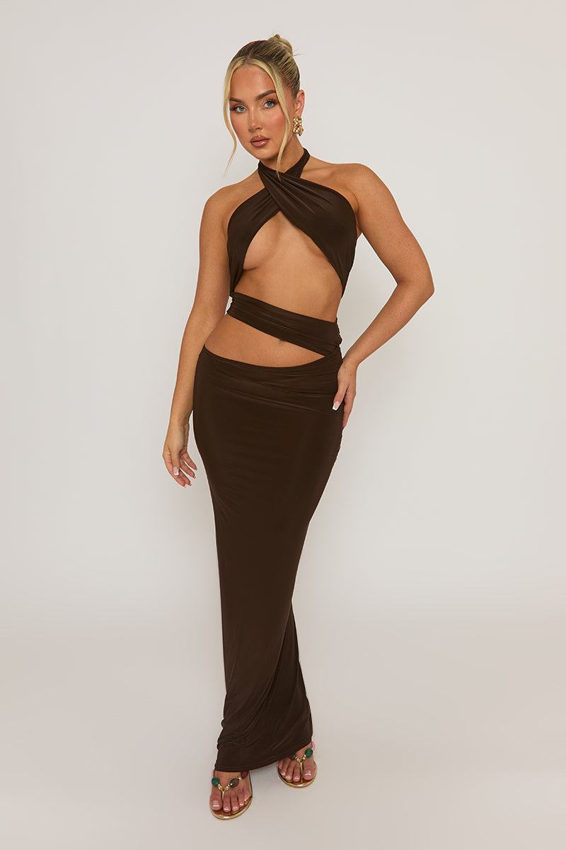 Chocolate Cut Out Halter Maxi Dress - Patrizia