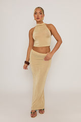 Champagne Acetate Slinky Halter Top & Maxi Skirt Co-ord Set - Alice