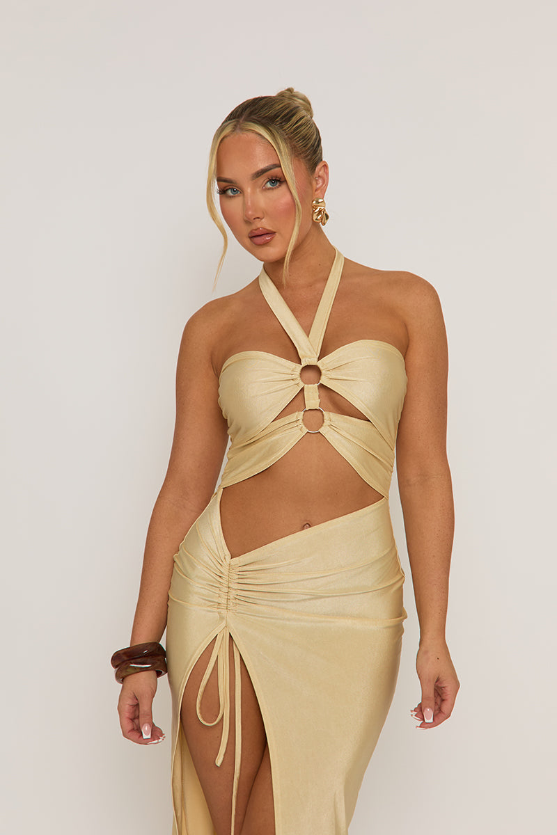 ring detail cut out dress Mango Teen ring detail cut-out halterneck maxi dress in rust