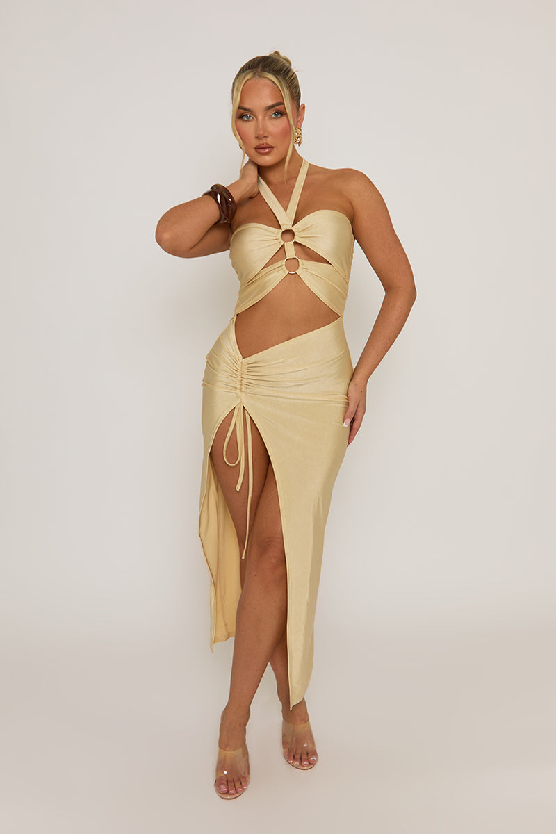 Butter Yellow Ring Detail Cut Out Midaxi Dress - Livia