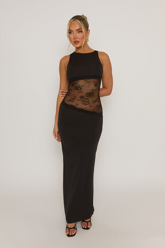 Black Lace Insert Cut Out Back Maxi Dress - Mirabella