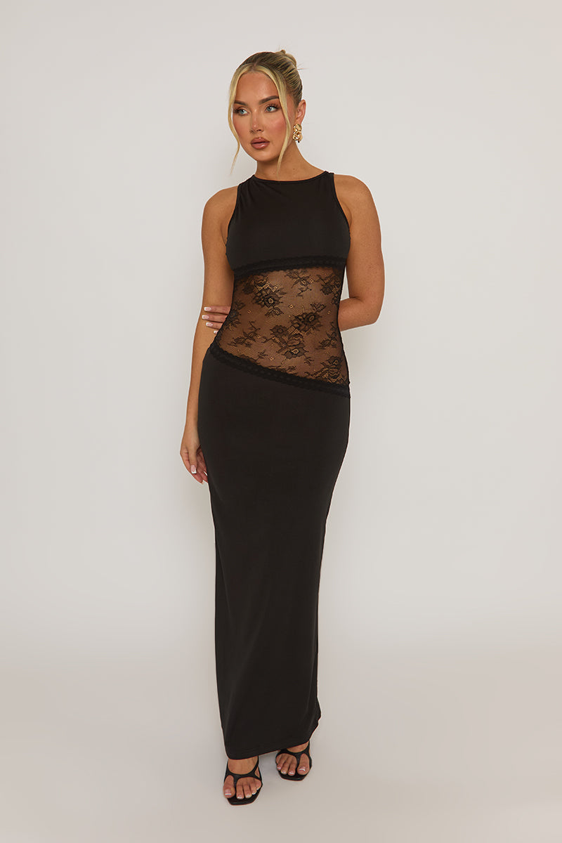 Black Lace Insert Cut Out Back Maxi Dress - Mirabella
