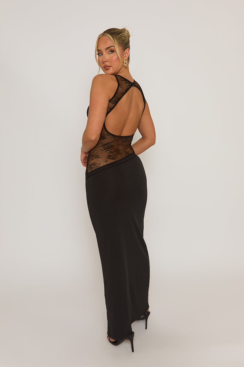Black Lace Insert Cut Out Back Maxi Dress - Mirabella