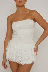 White Lace Bandeau Ruffle Mini Dress - Barbarella