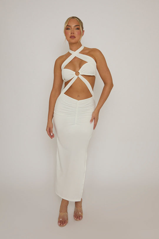 White Ring Detail Cut Out Halter Maxi Dress - Stefania