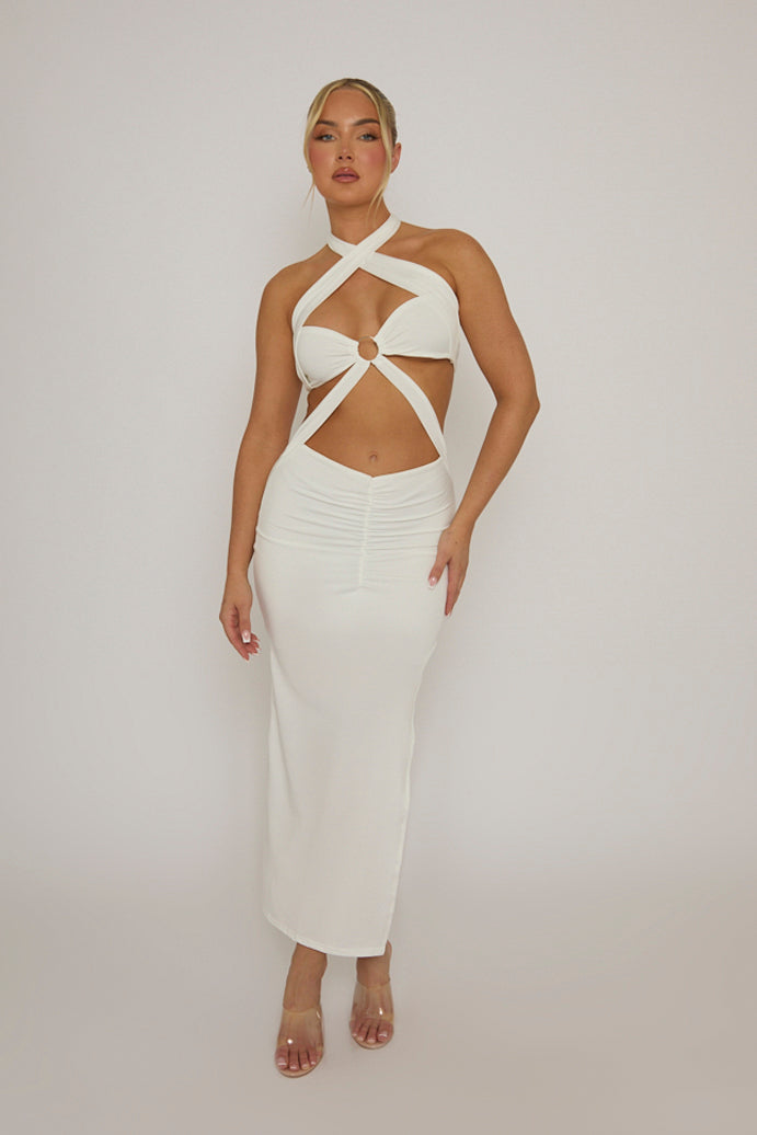 White Ring Detail Cut Out Halter Maxi Dress - Stefania