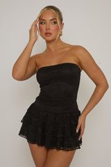 Black Lace Bandeau Ruffle Mini Dress - Barbarella