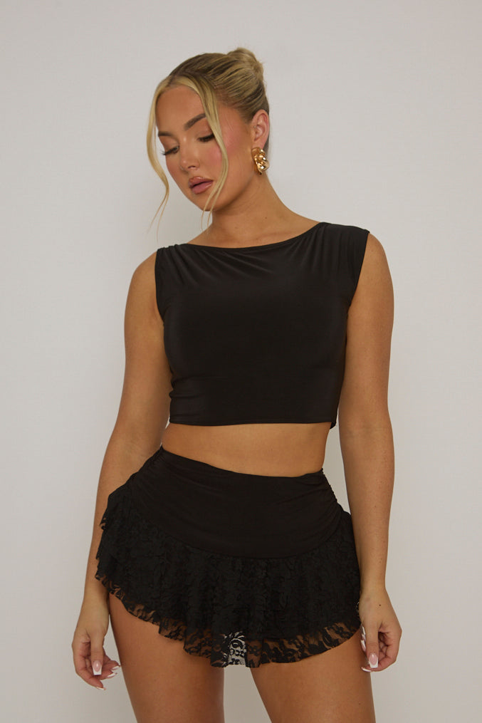 Black Ruffle Lace Mini Skirt - Charla
