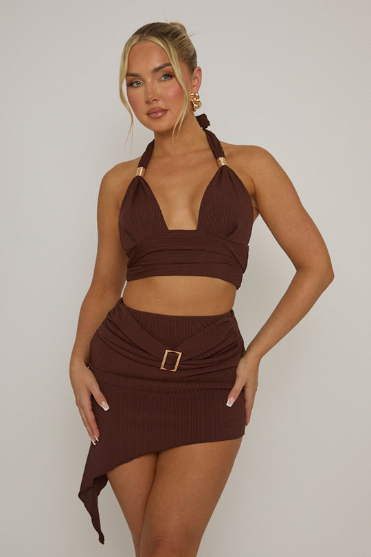 Chocolate Textured Top and Mini Skirt Co-ord Set - Monroe