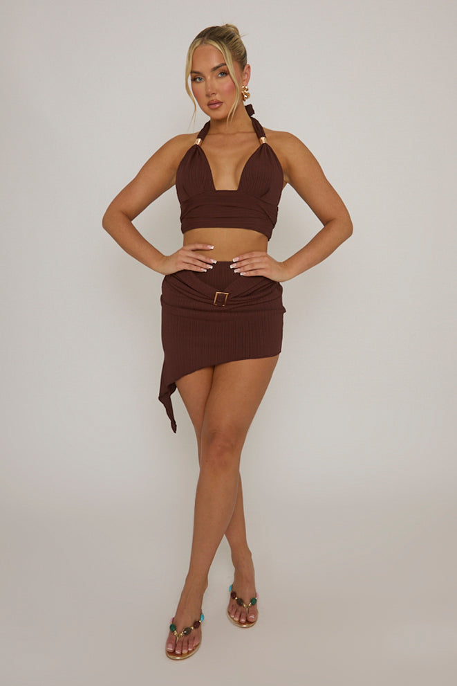 Chocolate Textured Top and Mini Skirt Co-ord Set - Monroe