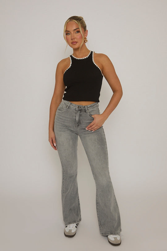 Grey Kick Flare Mid Waist Jeans - Paola