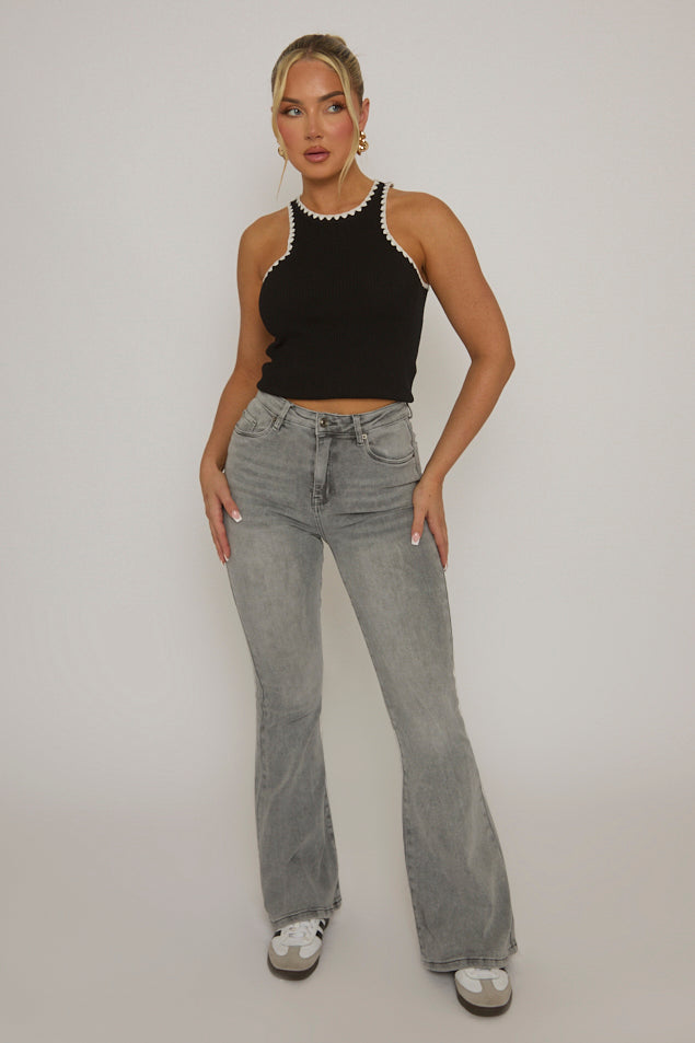 Black Contrast Stitch Rib Knit Racer Top - Orenda