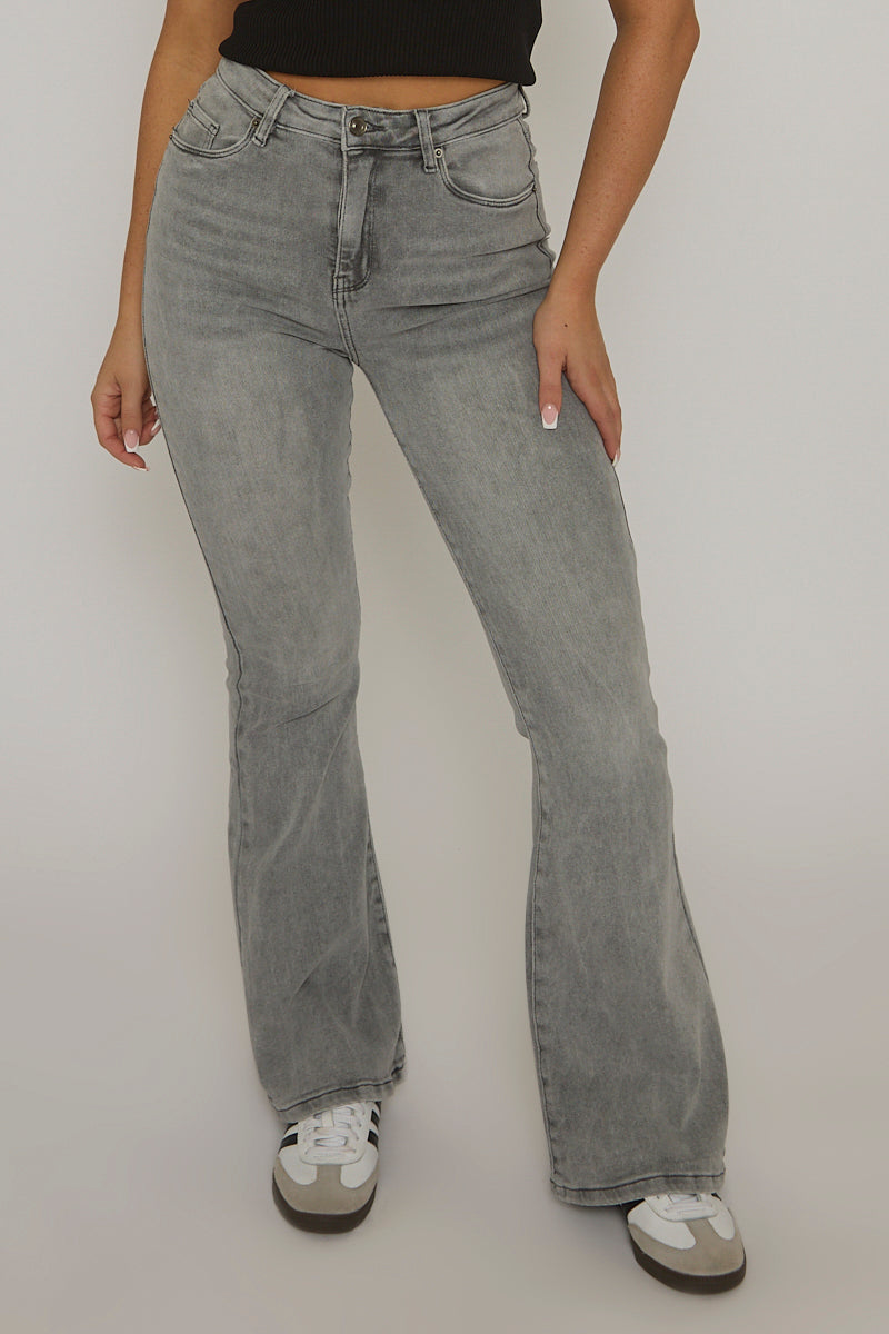 Grey Kick Flare Mid Waist Jeans - Paola