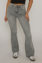 Grey Kick Flare Mid Waist Jeans - Paola