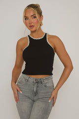 Black Contrast Stitch Rib Knit Racer Top - Orenda