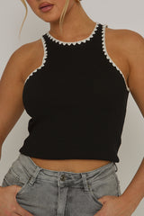 Black Contrast Stitch Rib Knit Racer Top - Orenda