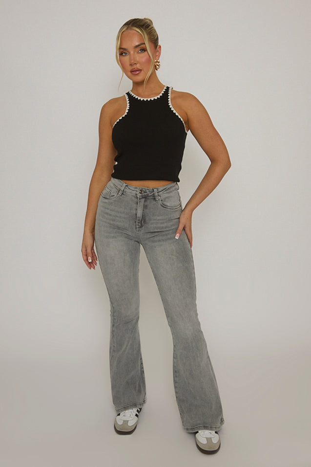 Grey Kick Flare Mid Waist Jeans - Paola