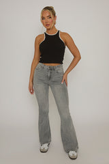 Grey Kick Flare Mid Waist Jeans - Paola
