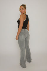 Grey Kick Flare Mid Waist Jeans - Paola