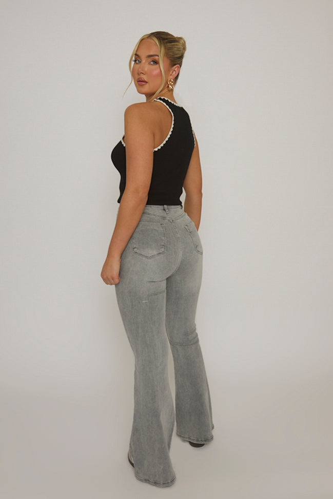 Black Contrast Stitch Rib Knit Racer Top - Orenda