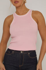 Pink Contrast Stitch Rib Knit Racer Top - Orenda