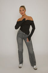 Black Rib Bardot Asymmetric Top - Vittoria