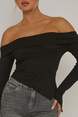 Black Rib Bardot Asymmetric Top - Vittoria