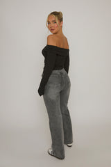 Black Rib Bardot Asymmetric Top - Vittoria