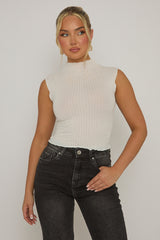 White Textured High Neck Top - Greta