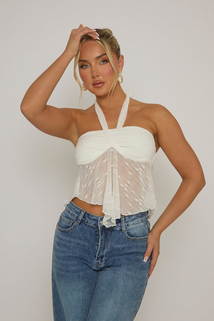 White Textured Halterneck Cami Top - Martina