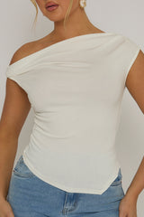 White Asymmetric Twist Shoulder Top - Brinna